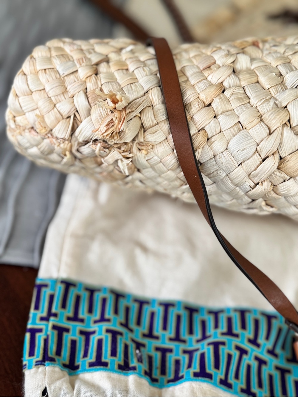 Tory Burch McGraw Straw Shopper Tote Natural Woven Raffia Leather Pouch Dustbag - Picture 10 of 16